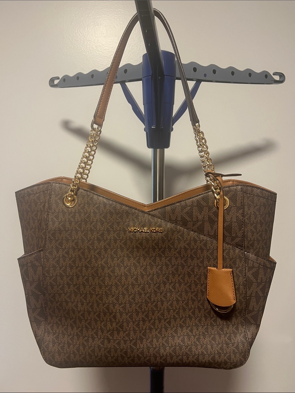 Michael Kors Brown MK Logo Tote with Gold Chain Straps